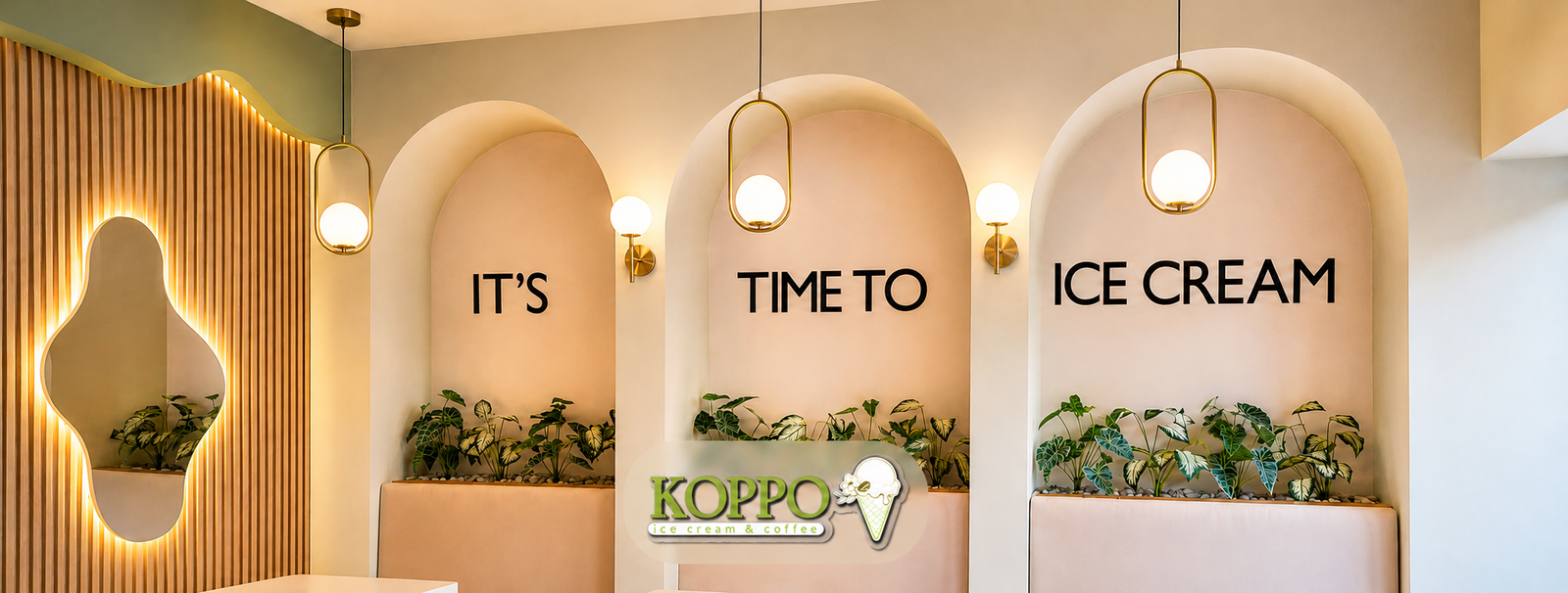 Interior de KOPPO: arcos color crema, plantas naturales y lámparas de latón